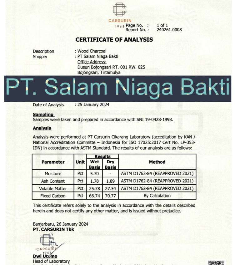 Certificate of Analysis PT Salam Niaga Bakti
